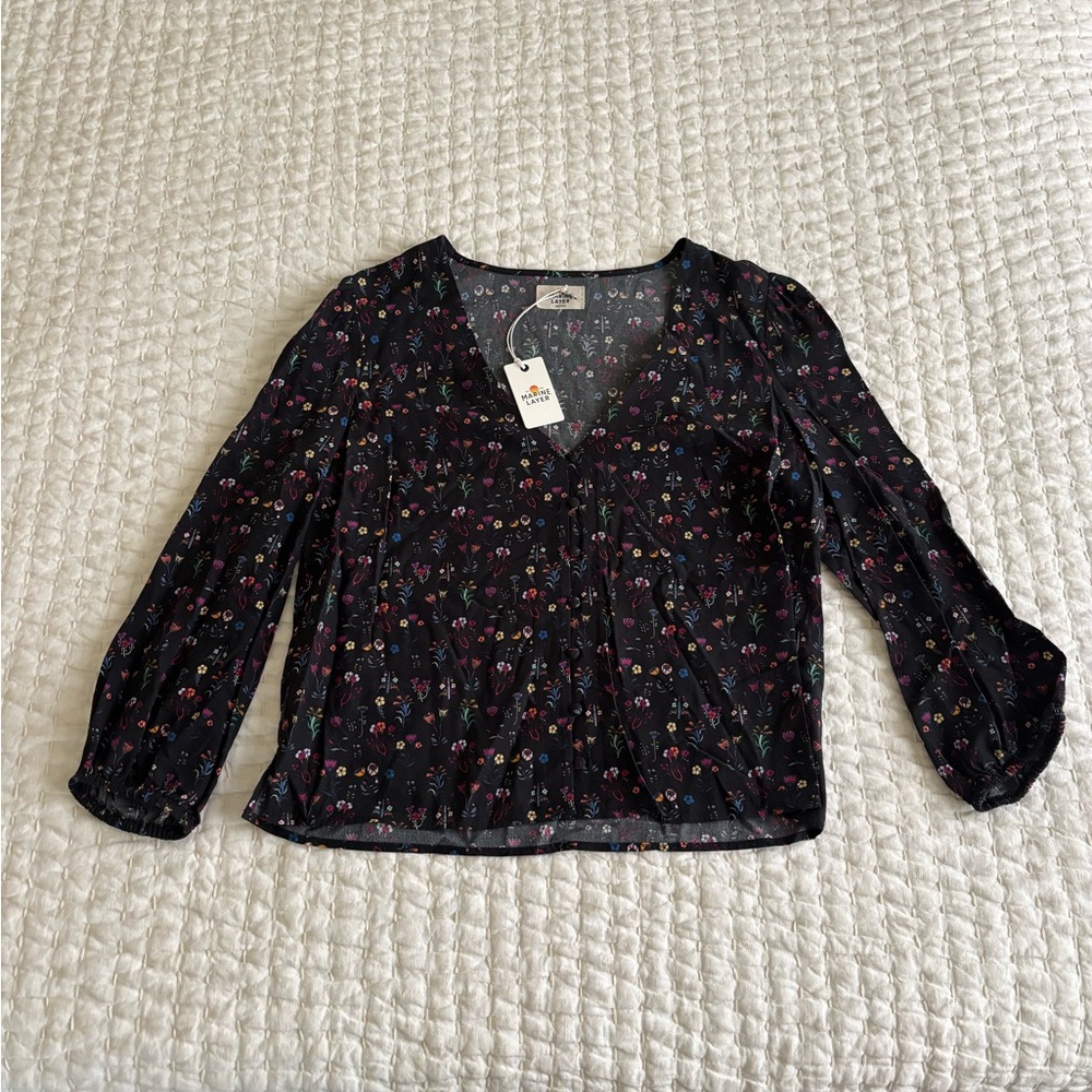 Marine Layer Stacy Button Down Black Floral Print Medium NWT